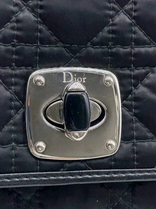 Authentic Christian Dior Cannage Turnlock Black Nylon Chain Handbag W/DB/Charm - Picture 6 of 14